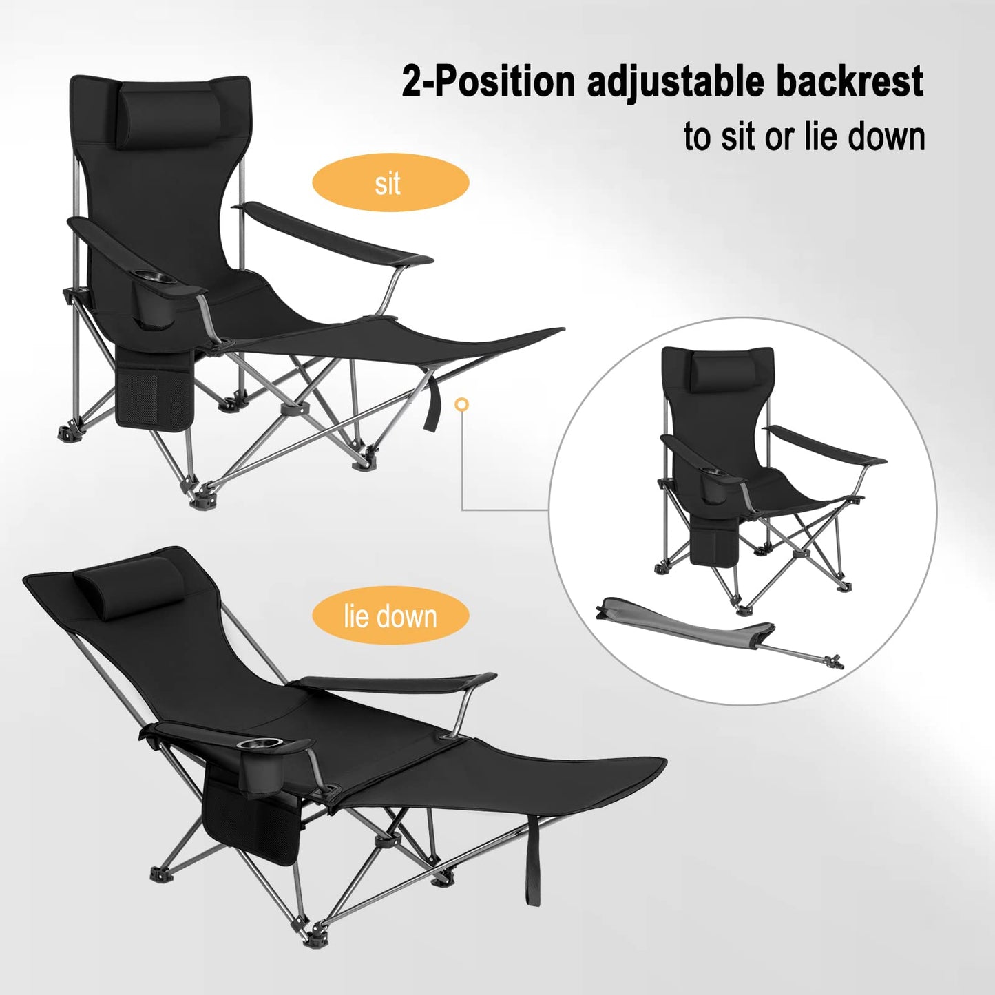 WOLTU Set de 2 Sillas de Camping Plegables, Sillas Portátiles para Picnic, Playa, Jardín, Pesca, con Portavasos, Color Negro, Livianas y Compactas