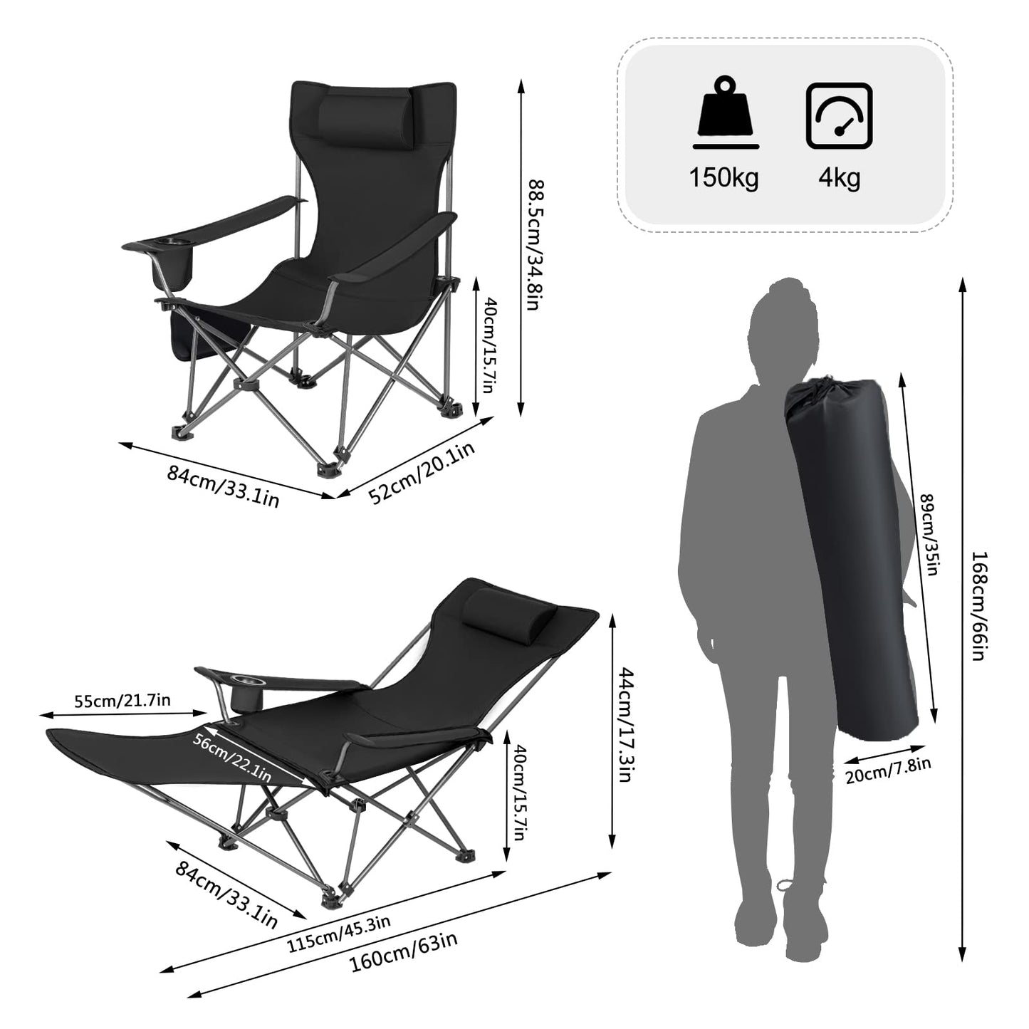 WOLTU Set de 2 Sillas de Camping Plegables, Sillas Portátiles para Picnic, Playa, Jardín, Pesca, con Portavasos, Color Negro, Livianas y Compactas