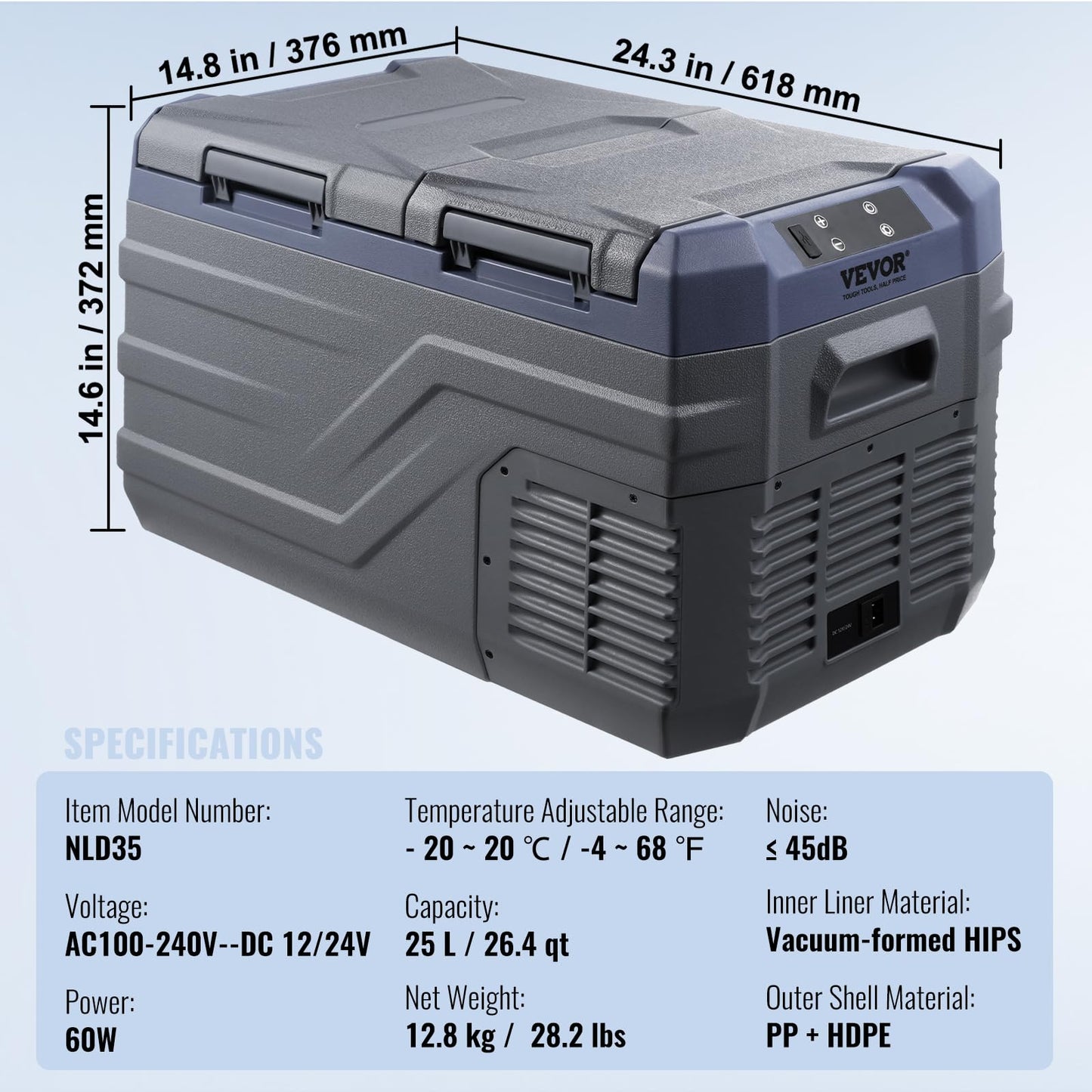 VEVOR Nevera de Compresión Portátil 25L, Mini Nevera para Coche 12/24V CC y 100-240V CA, Caja Enfriadora de Doble Zona, Temperatura Ajustable de -20°C a 20°C, Ideal para Camping, Barco y Casa