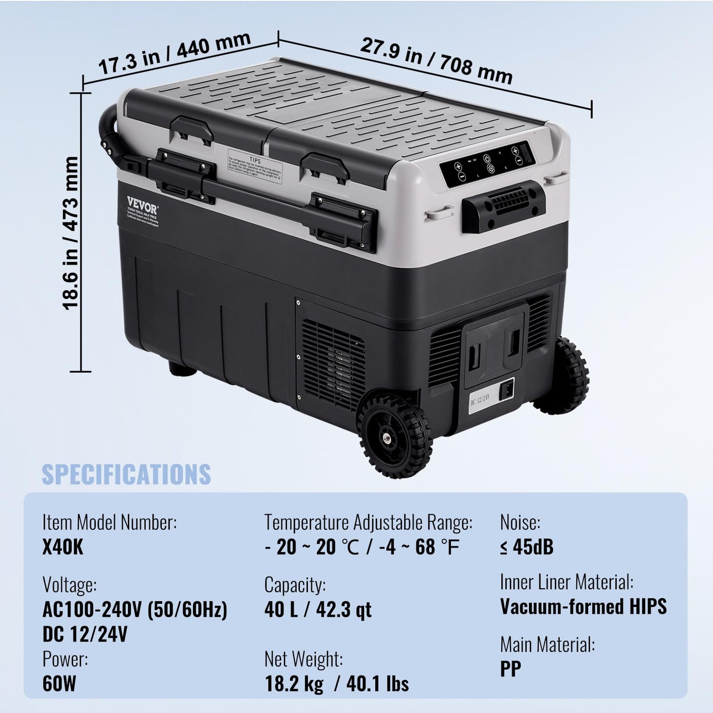 VEVOR Refrigerador Portátil para Automóvil de 50L, Doble Zona, Temperatura Ajustable de -20°C a 20°C, con Compresor, Ideal para Hogar, Campamentos y Vehículos Recreativos, 708 x 440 x 551 mm