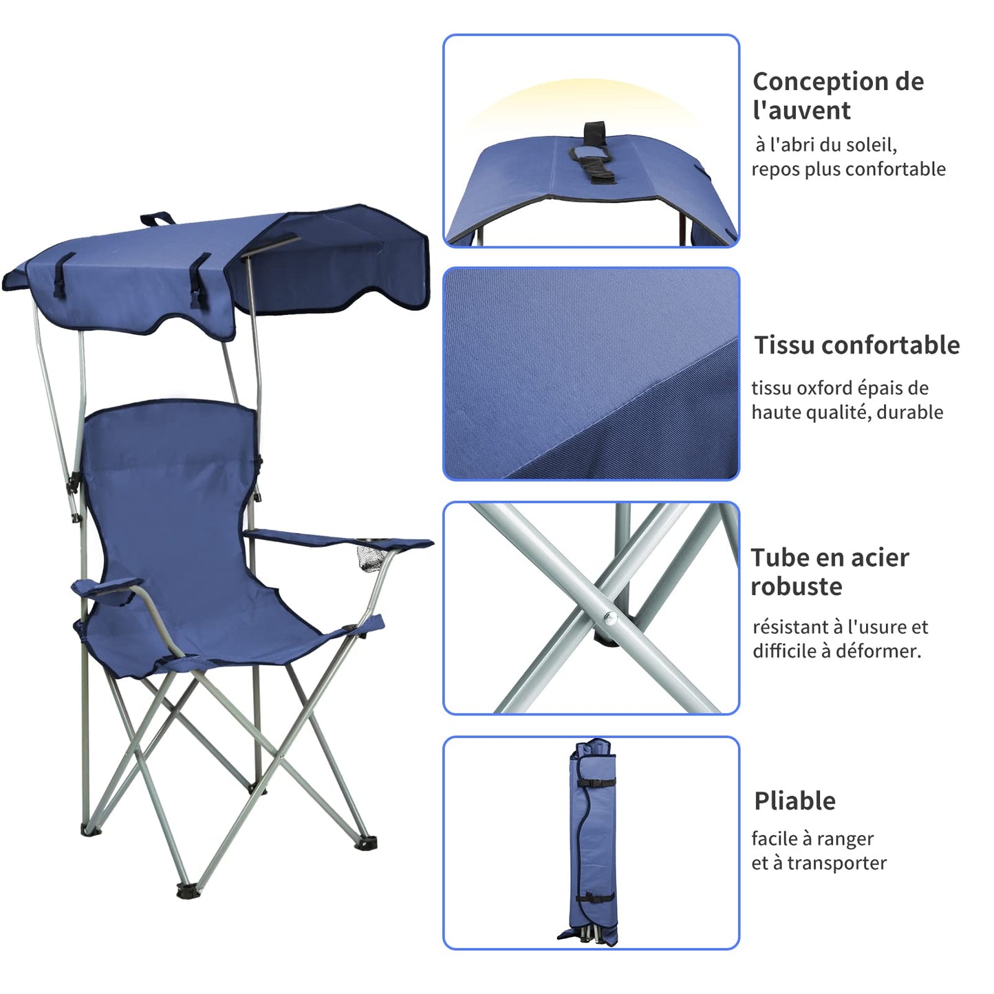 Silla Plegable al Aire Libre, Portátil y Ligera con Toldo Plegable y Portavasos, Ideal para Pesca y Picnic, 50x50x90/120cm, Azul Marino, Set de 2 Piezas