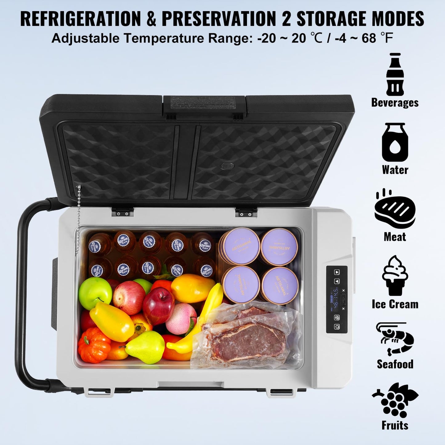 VEVOR Refrigerador Portátil para Automóvil de 60L, Temperatura Ajustable de -20°C a 20°C, Ideal para Hogar, Camping, Vehículos Recreativos y Automóviles, 825 x 46,5 x 534 mm