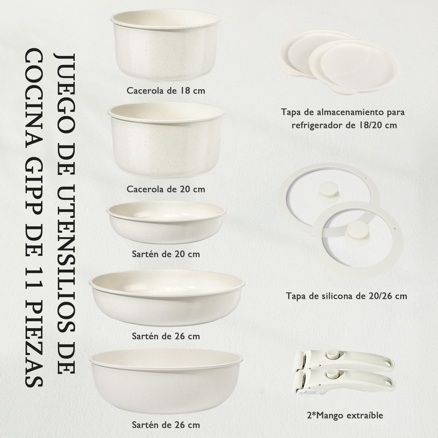 GiPP Juego de Ollas y Sartenes Cerámicas Antiadherente 11 Piezas, con Mangos Desmontables