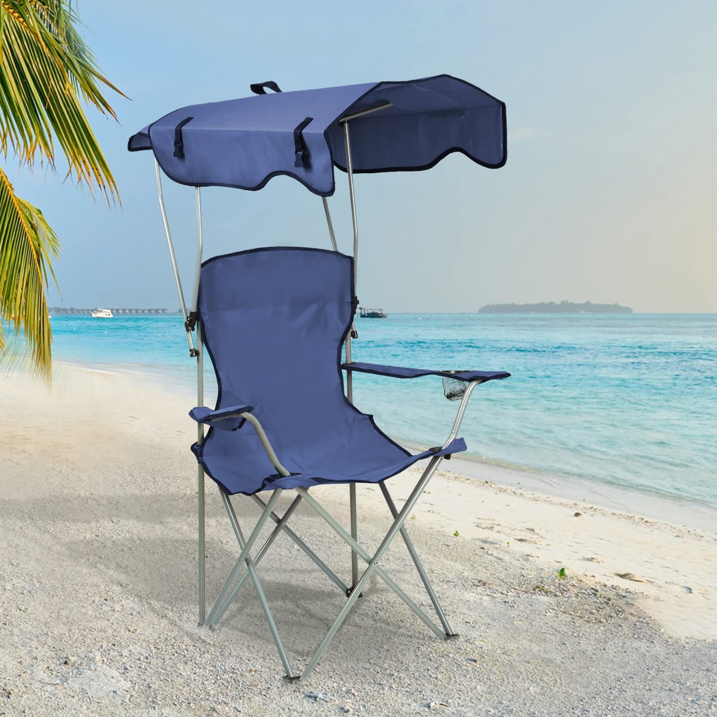 Silla Plegable al Aire Libre, Portátil y Ligera con Toldo Plegable y Portavasos, Ideal para Pesca y Picnic, 50x50x90/120cm, Azul Marino, Set de 2 Piezas