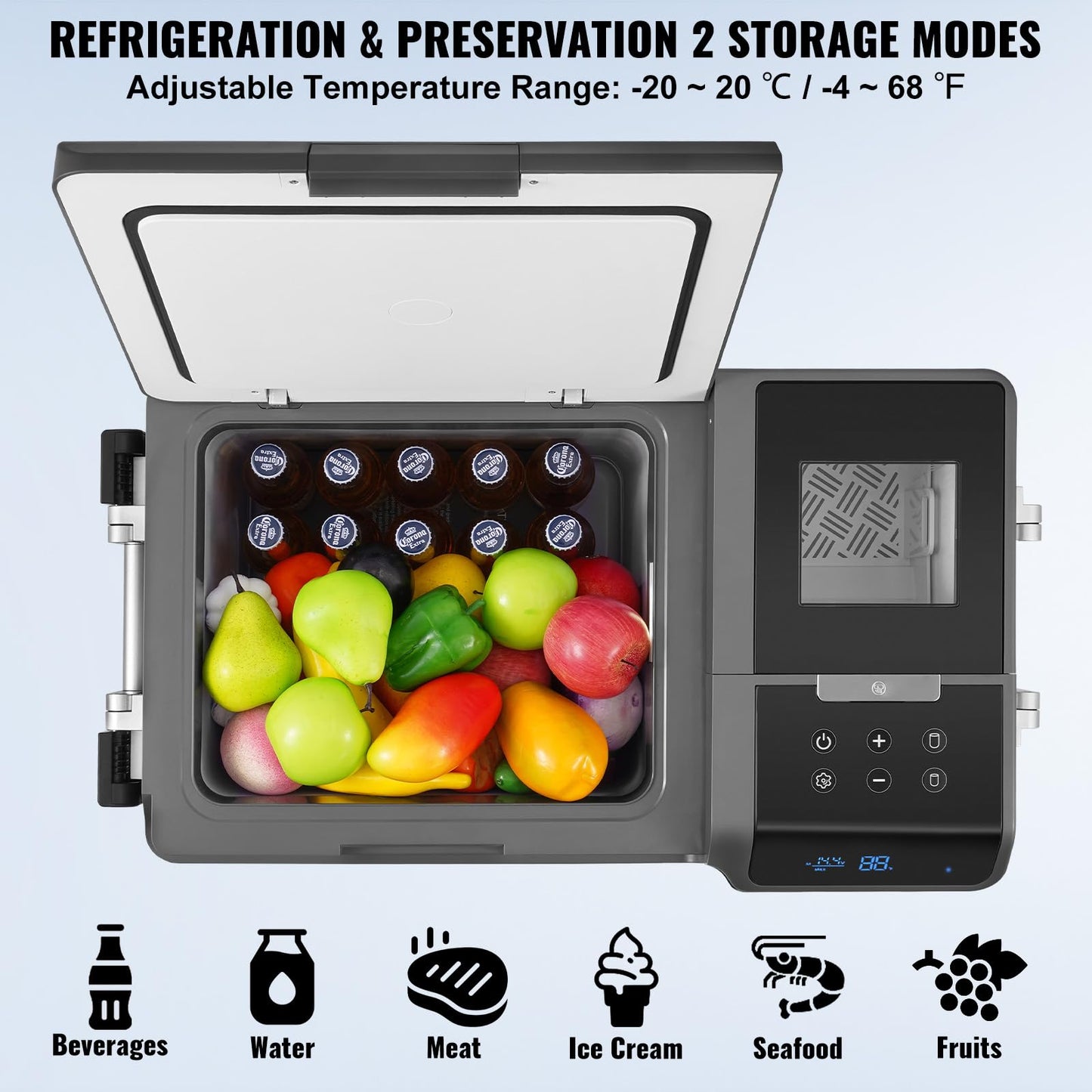 VEVOR Refrigerador Portátil para Automóvil de 35L con Función de Fabricación de Hielo, Temperatura Ajustable de -20°C a 20°C, Con Ruedas, Ideal para Camping y Automóvil, 730 x 420 x 480 mm, ≤ 45 dB