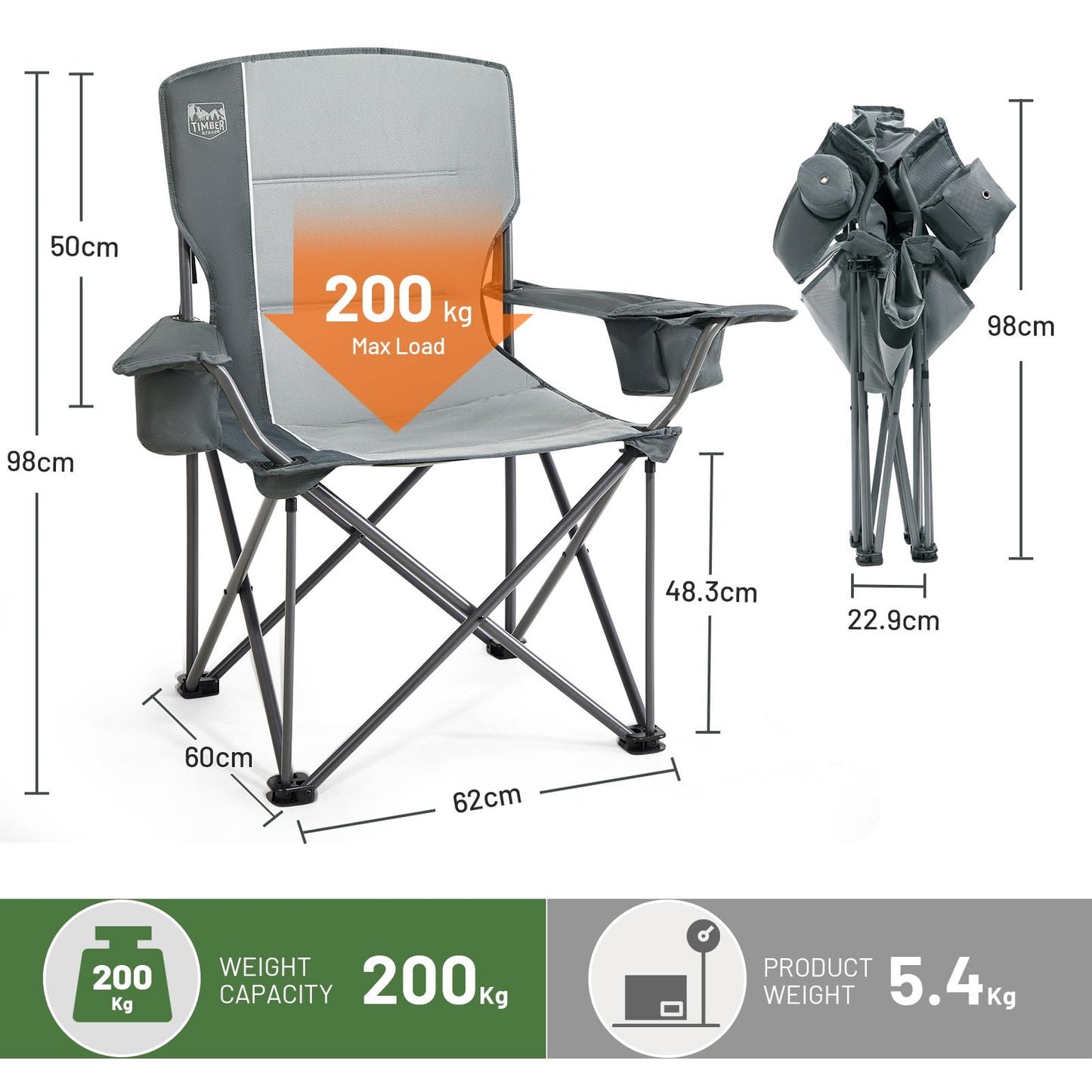 TIMBER RIDGE Silla de Camping Plegable Ultragrande para Adulto, Soporta 200kg, Acolchada con Portavasos y Bolsa Refrigeradora, Ideal para Acampar, Jardín, Playa y Pesca