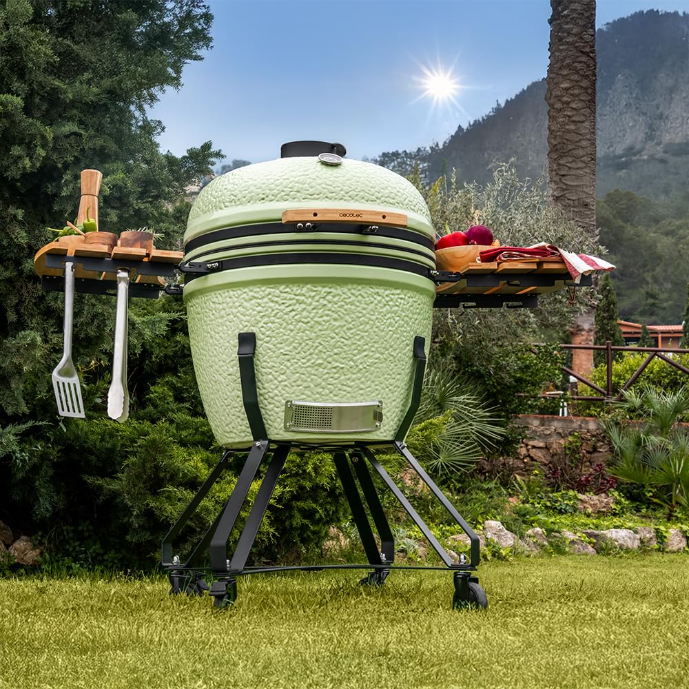 Cecotec Kamado Barbacoa de Carbón Cerámica Ø 60cm DragonFire 6000, Asa, Ahuma, Hornea y Guisa, Resistente a 1000°C, Soporte de Hierro Fundido, Cámara Hermética, Con Ruedas y Termómetro