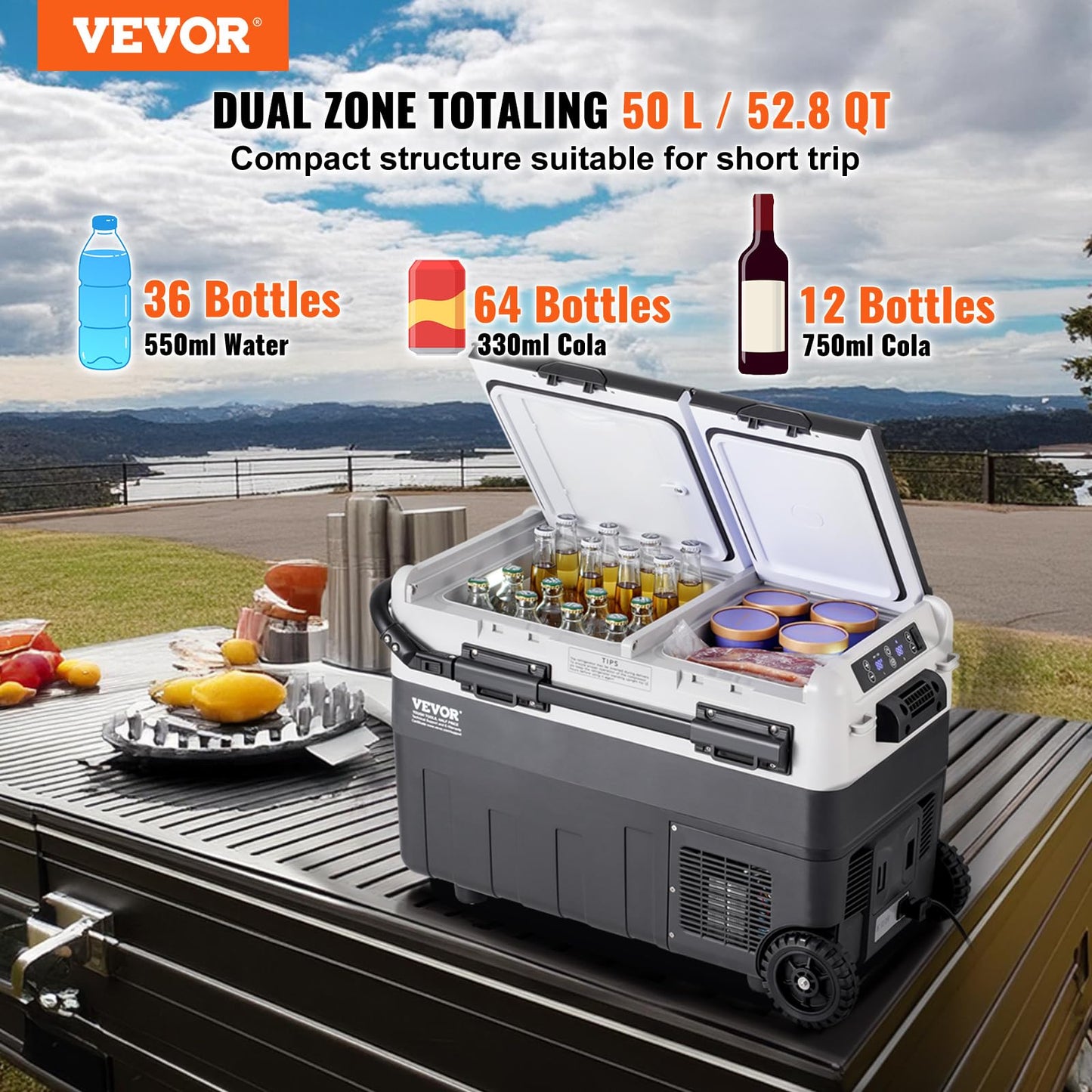 VEVOR Refrigerador Portátil para Automóvil de 50L, Doble Zona, Temperatura Ajustable de -20°C a 20°C, con Compresor, Ideal para Hogar, Campamentos y Vehículos Recreativos, 708 x 440 x 551 mm