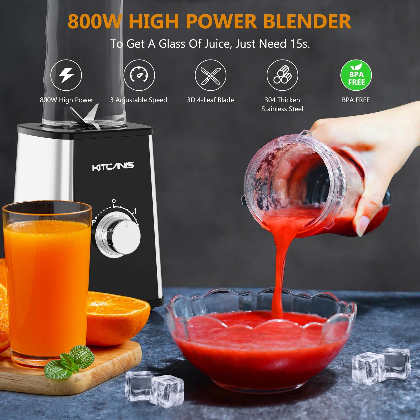 KITCANIS Batidora Multifuncional 3 en 1, 800W, 3 Velocidades, con Botella Portátil y Molinillo