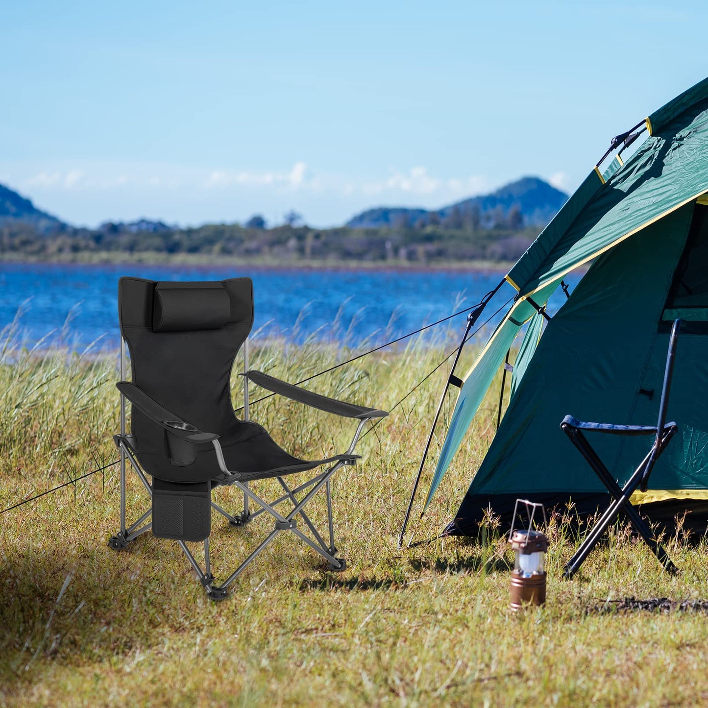 WOLTU Set de 2 Sillas de Camping Plegables, Sillas Portátiles para Picnic, Playa, Jardín, Pesca, con Portavasos, Color Negro, Livianas y Compactas