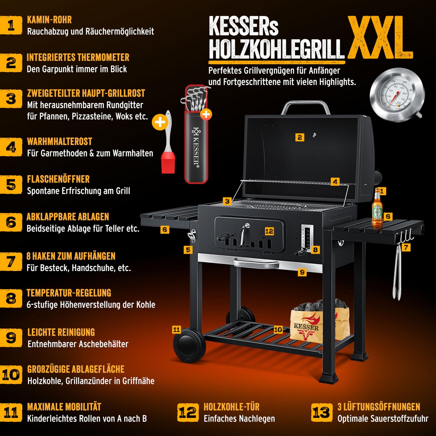 KESSER® Parrilla de Carbón con Carrito y Tapa, Ruedas y Mango de Acero Inoxidable, BBQ Grande con Termómetro para Camping, Terraza y Jardín, XXL, Color Negro
