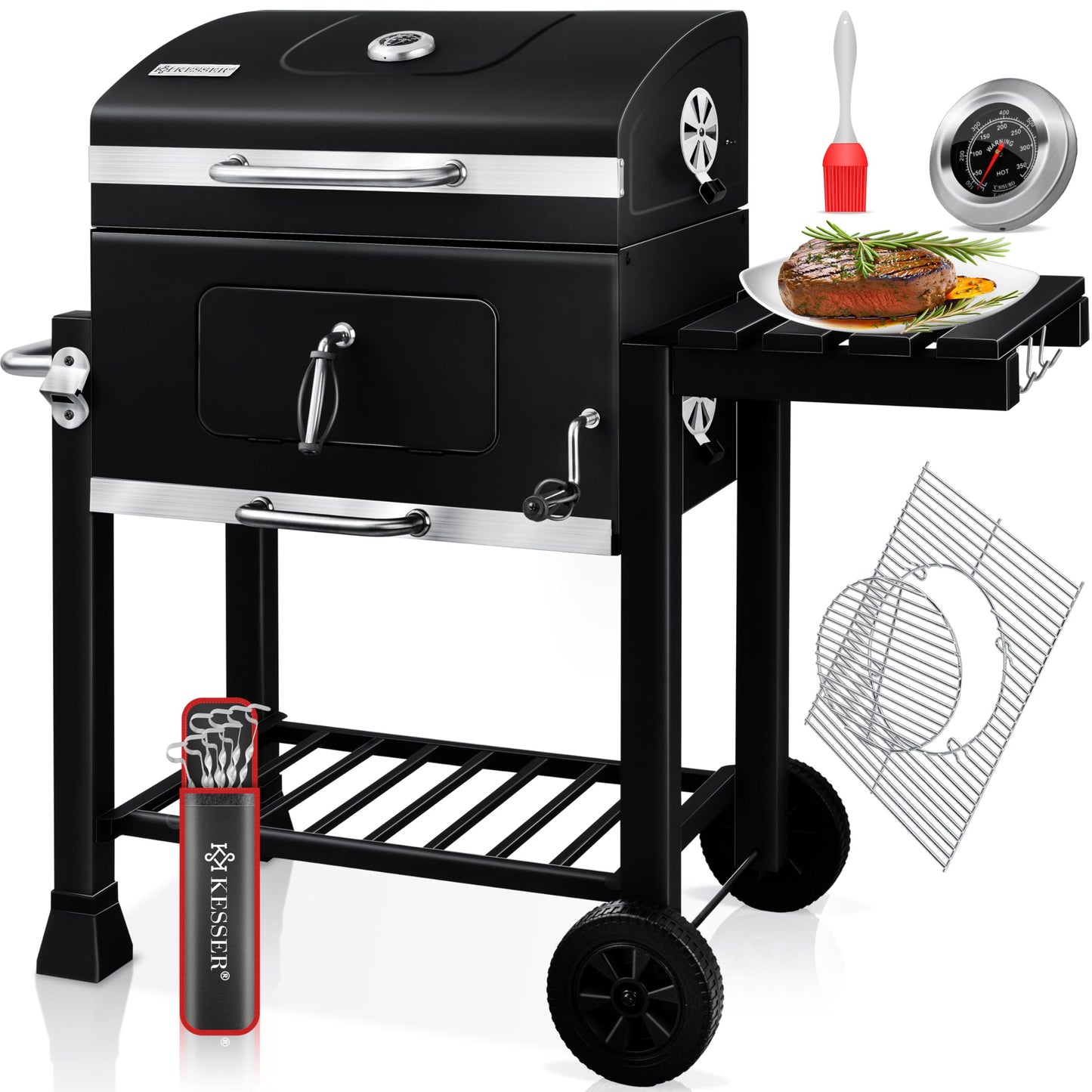 KESSER® Parrilla de Carbón con Carrito y Tapa, Ruedas y Mango de Acero Inoxidable, BBQ Grande para Camping, Terraza y Jardín, Con Termómetro, Color Negro