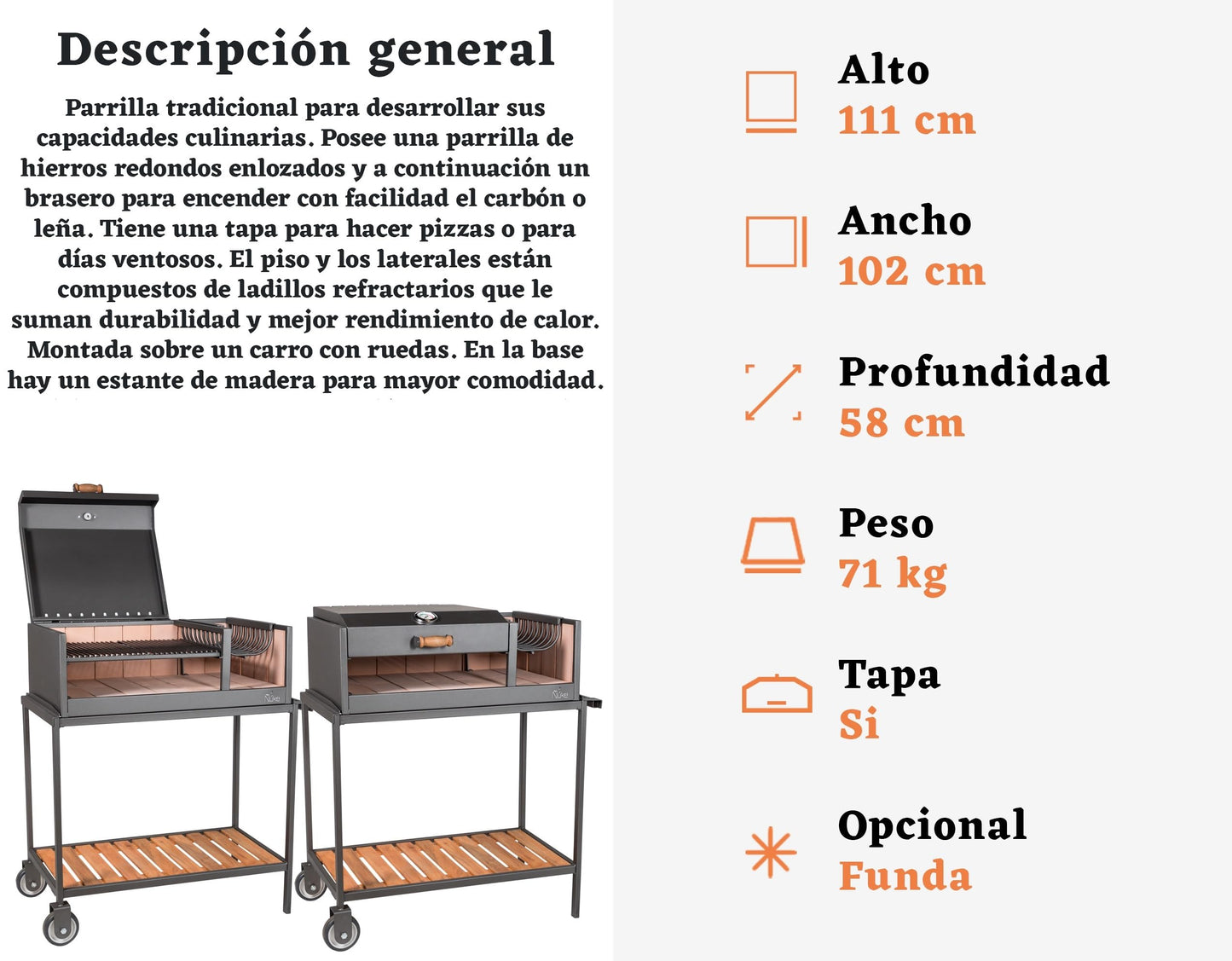 Parrilla Barbacoa de Carbón Parana Premium Portátil con Brasero, Ruedas y Tapa, Color Negro, 111x102x58 cm