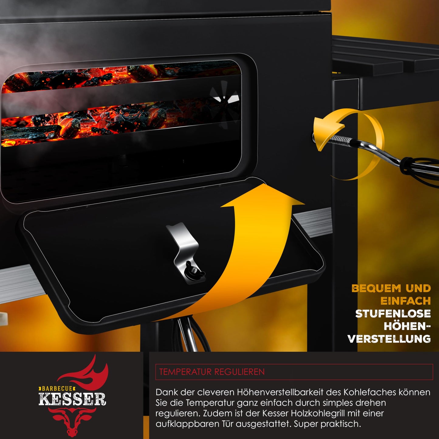 KESSER® Parrilla de Carbón con Carrito y Tapa, Ruedas y Mango de Acero Inoxidable, BBQ Grande para Camping, Terraza y Jardín, Con Termómetro, Color Negro