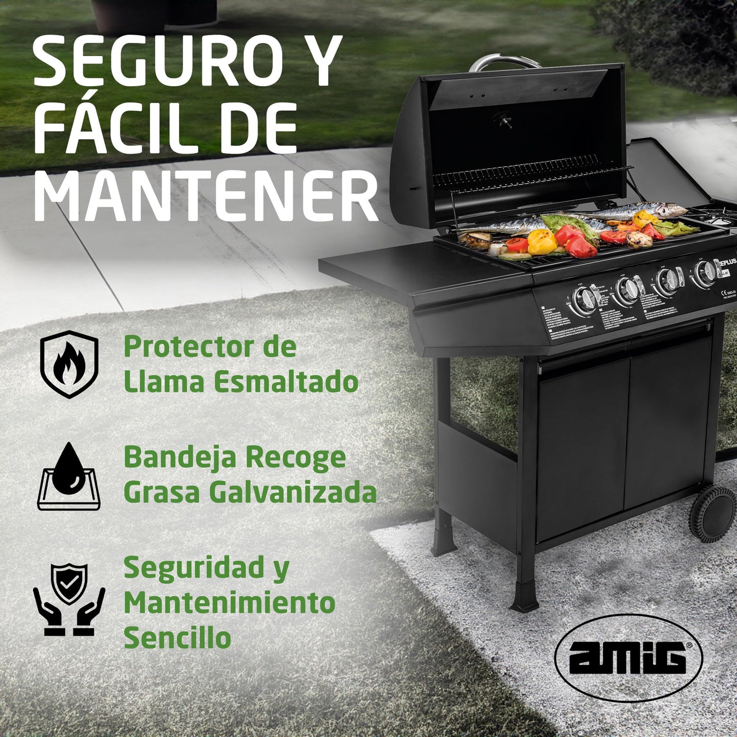 Amig Barbacoa de Gas Fireplus 4+1 de 9,3 kW, Parrilla XXL con Carro y Termómetro, 5 Quemadores, Bandeja Lateral, Acero Inoxidable Negro, 126x52x103 cm