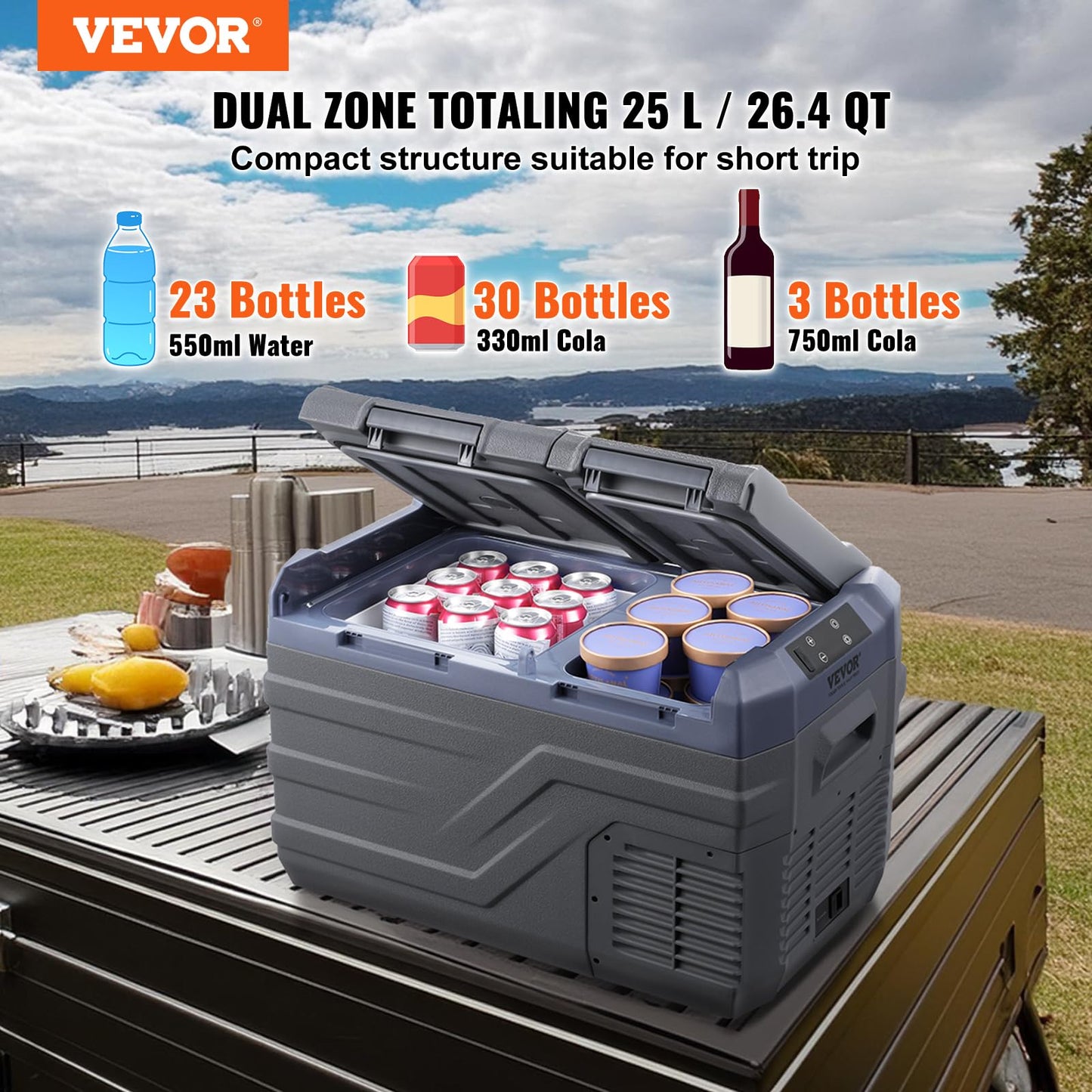 VEVOR Nevera de Compresión Portátil 25L, Mini Nevera para Coche 12/24V CC y 100-240V CA, Caja Enfriadora de Doble Zona, Temperatura Ajustable de -20°C a 20°C, Ideal para Camping, Barco y Casa