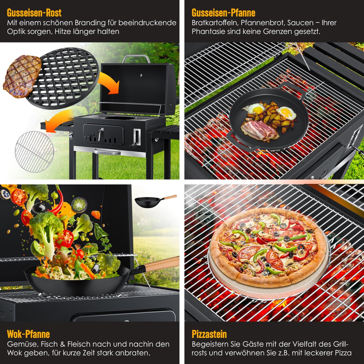 KESSER® Parrilla de Carbón con Carrito y Tapa, Ruedas y Mango de Acero Inoxidable, BBQ Grande con Termómetro para Camping, Terraza y Jardín, XXL, Color Negro