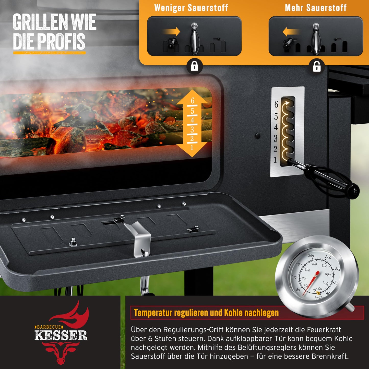 KESSER® Parrilla de Carbón con Carrito y Tapa, Ruedas y Mango de Acero Inoxidable, BBQ Grande con Termómetro para Camping, Terraza y Jardín, XXL, Color Negro