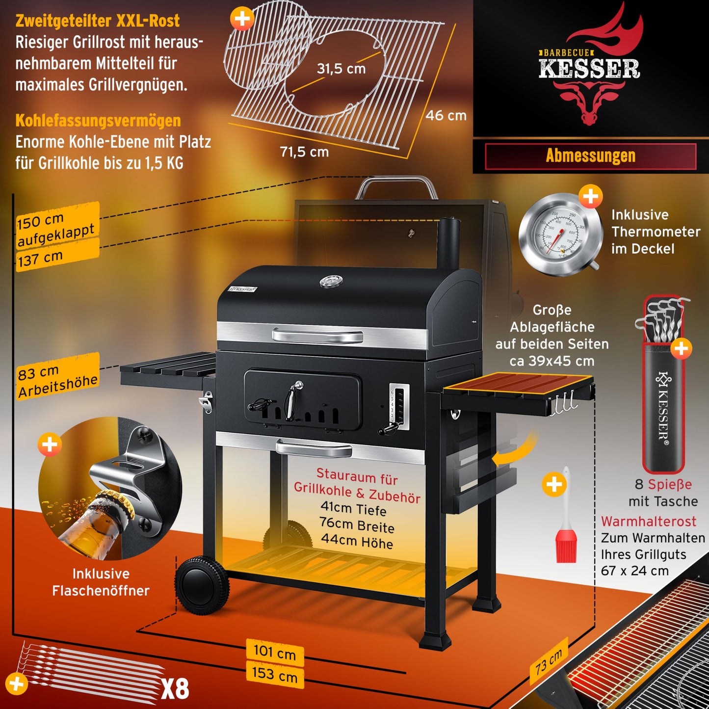KESSER® Parrilla de Carbón con Carrito y Tapa, Ruedas y Mango de Acero Inoxidable, BBQ Grande con Termómetro para Camping, Terraza y Jardín, XXL, Color Negro