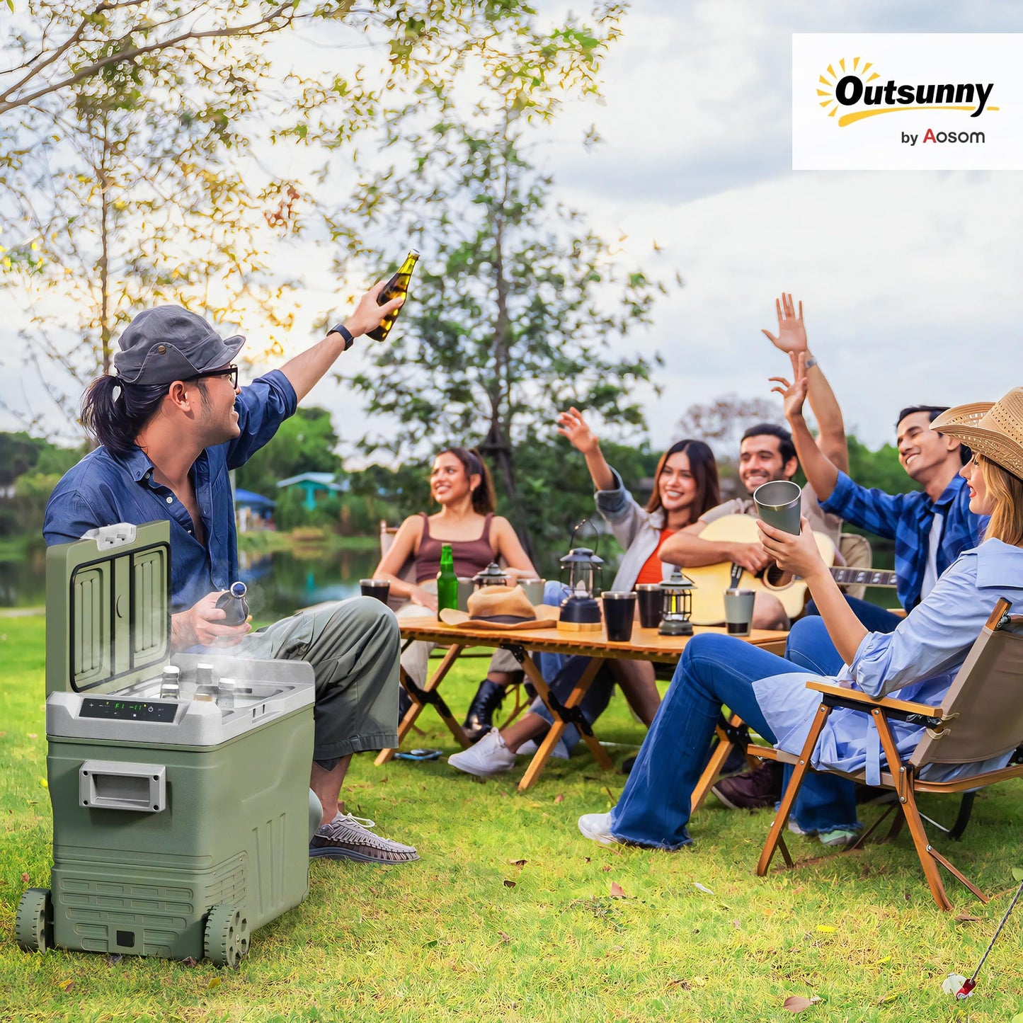 Outsunny Nevera Portátil Eléctrica 45L Refrigerador de Coche -20℃ a +20 ℃ 12V/24V Mini Frigorífico con Ruedas Compresor Pantalla LED Táctil para Hogar Camping Viajes Automóvil 64,5x43,5x53 cm Verde