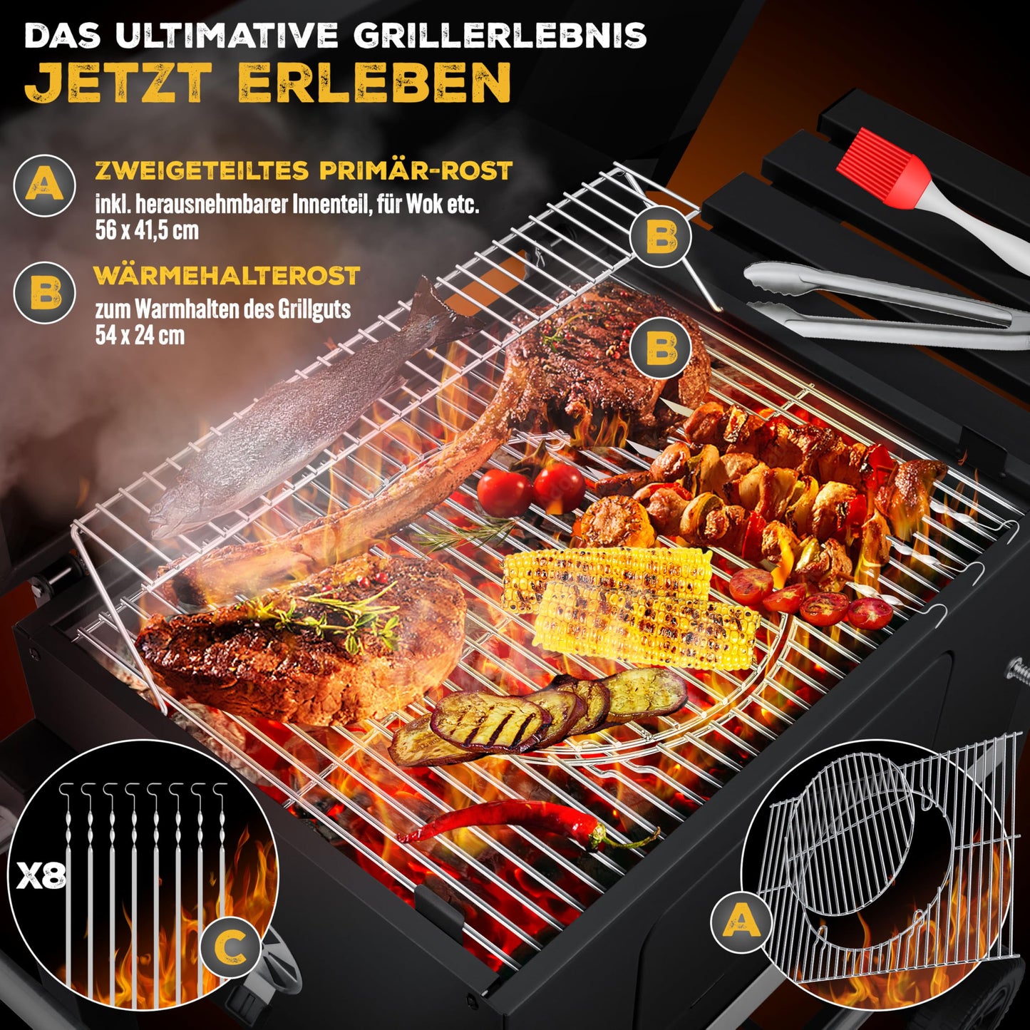 KESSER® Parrilla de Carbón con Carrito y Tapa, Ruedas y Mango de Acero Inoxidable, BBQ Grande para Camping, Terraza y Jardín, Con Termómetro, Color Negro
