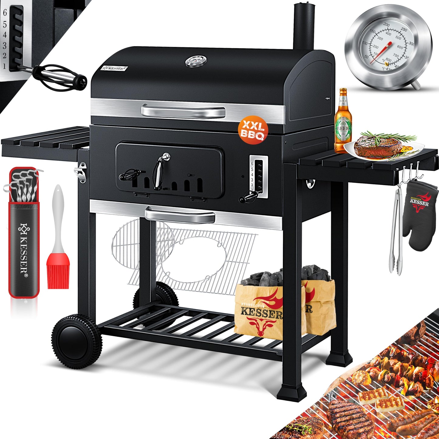 KESSER® Parrilla de Carbón con Carrito y Tapa, Ruedas y Mango de Acero Inoxidable, BBQ Grande con Termómetro para Camping, Terraza y Jardín, XXL, Color Negro