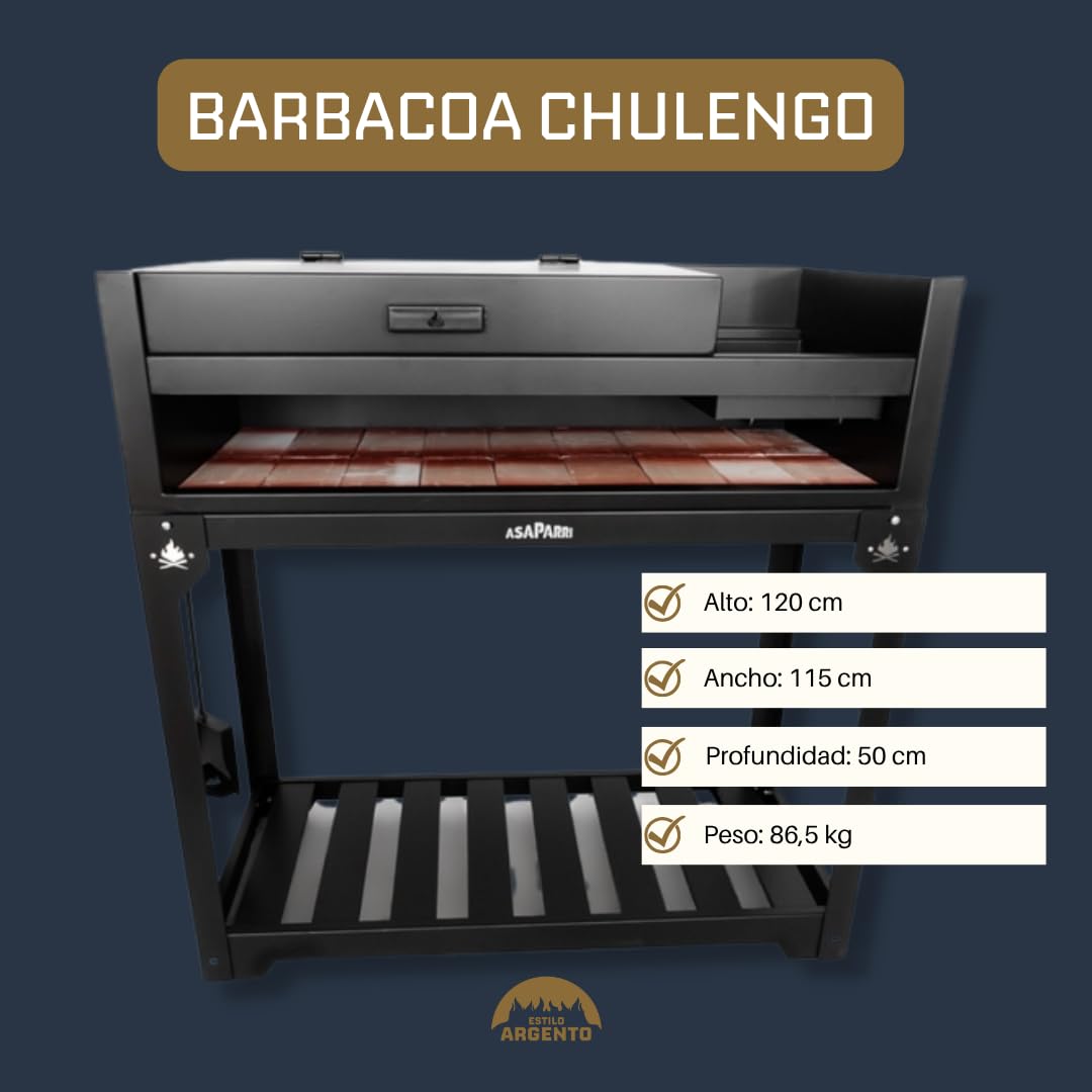 Parrilla Barbacoa de Carbón Grill Chulengo Premium Argentino, Con Fogonero, Pala, Atizador y Funda Incluidos, Portátil para Uso Exterior, Color Negro, 115x75x50 cm