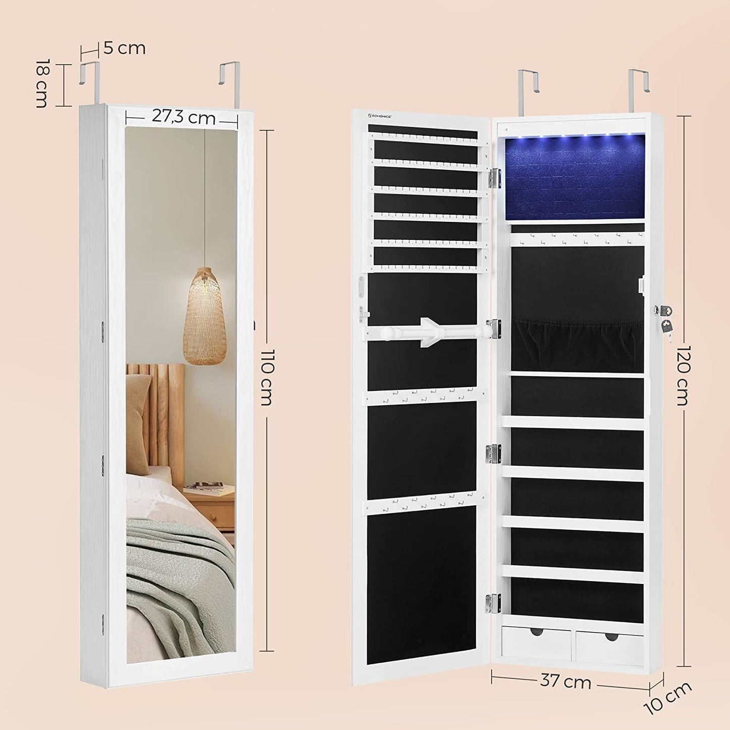 SONGMICS Espejo Joyero con 6 LEDs, Montado en Puerta o Pared, con Cerradura y 2 Cajones, Blanco
