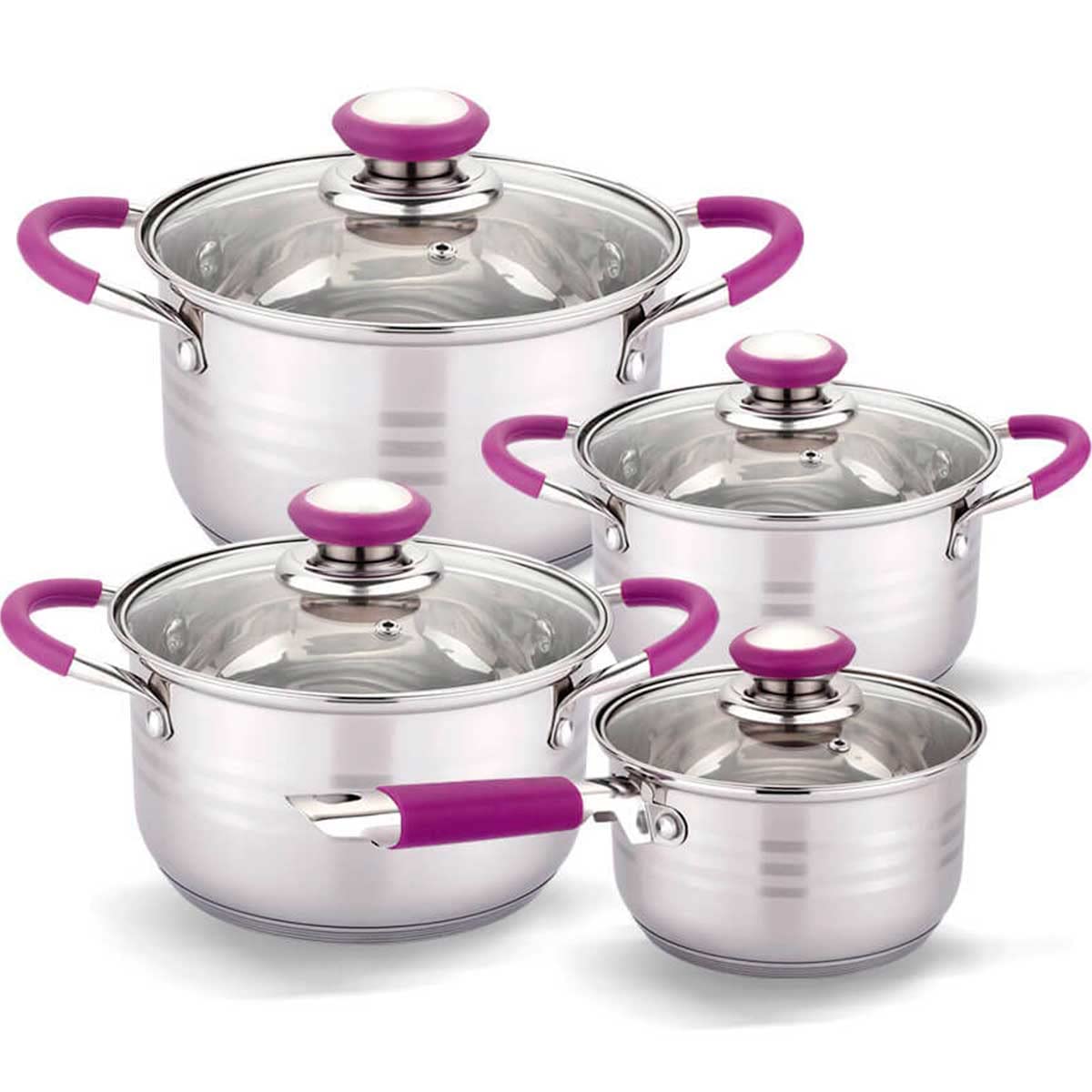 gridinlux Hannover Batería de Cocina 8 Piezas, Acero Inoxidable, Inducción, Asas Silicona Morado