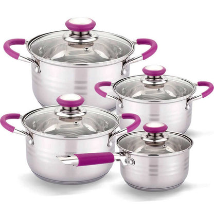 gridinlux Hannover Batería de Cocina 8 Piezas, Acero Inoxidable, Inducción, Asas Silicona Morado