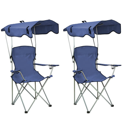 Silla Plegable al Aire Libre, Portátil y Ligera con Toldo Plegable y Portavasos, Ideal para Pesca y Picnic, 50x50x90/120cm, Azul Marino, Set de 2 Piezas