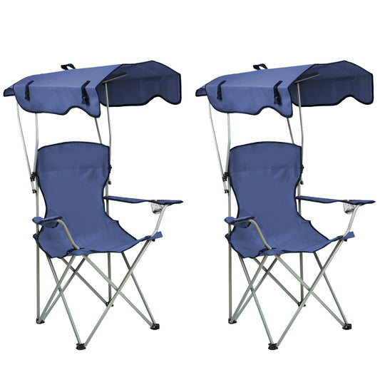 Silla Plegable al Aire Libre, Portátil y Ligera con Toldo Plegable y Portavasos, Ideal para Pesca y Picnic, 50x50x90/120cm, Azul Marino, Set de 2 Piezas