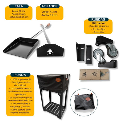 Parrilla Barbacoa de Carbón Grill Chulengo Premium Argentino, Con Fogonero, Pala, Atizador y Funda Incluidos, Portátil para Uso Exterior, Color Negro, 115x75x50 cm