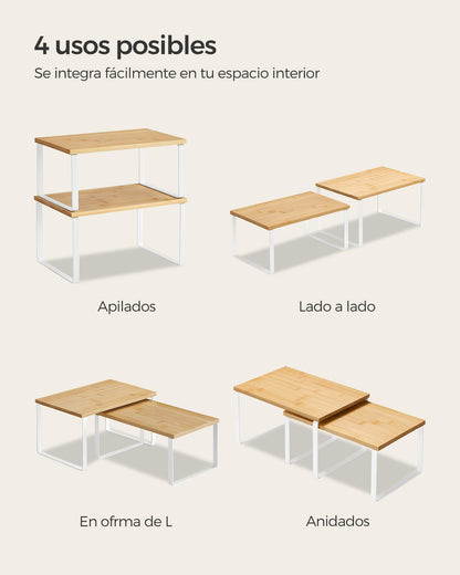 SONGMICS 2-Piece Extendable Spice Rack, Metal and Wood, White and Beige