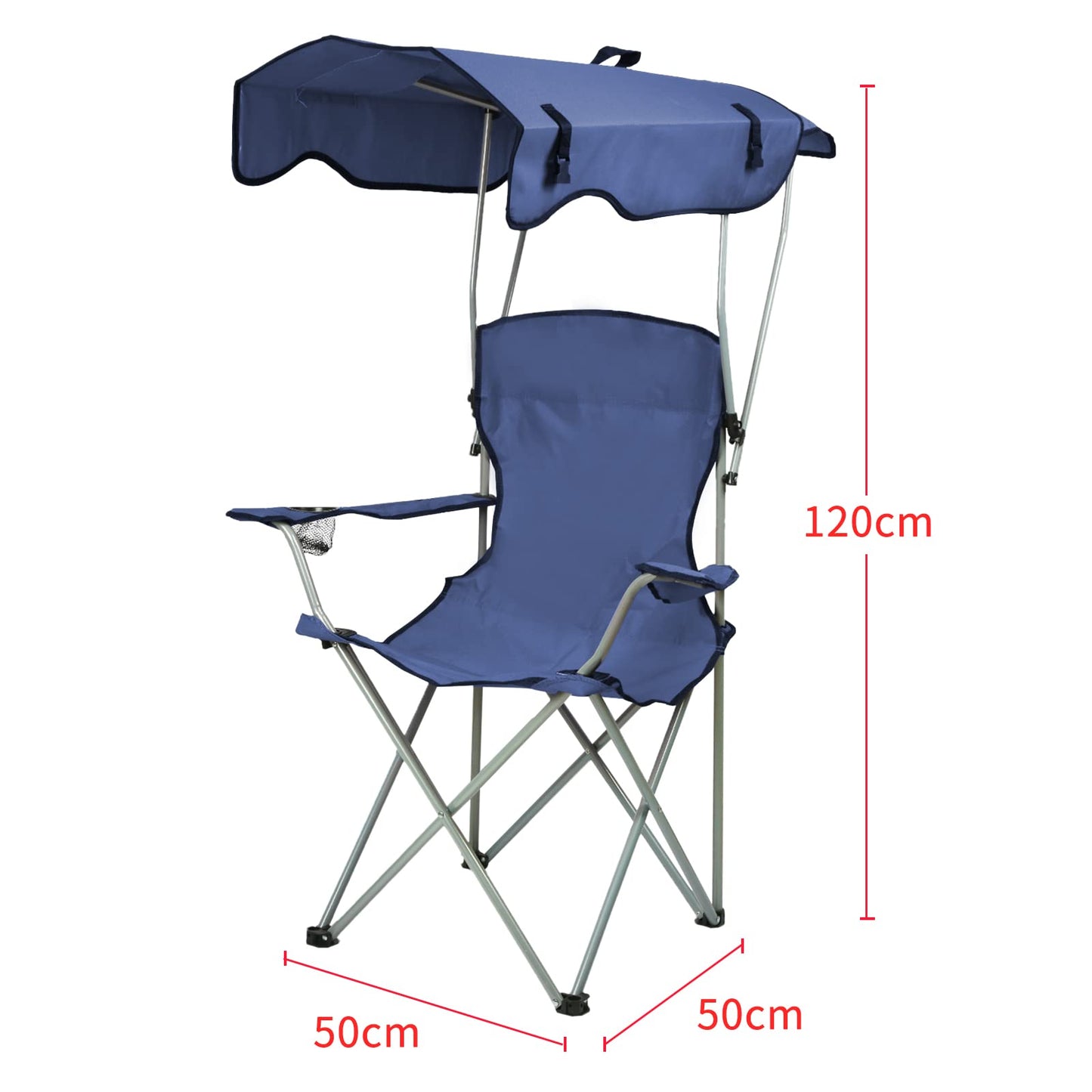 Silla Plegable al Aire Libre, Portátil y Ligera con Toldo Plegable y Portavasos, Ideal para Pesca y Picnic, 50x50x90/120cm, Azul Marino, Set de 2 Piezas