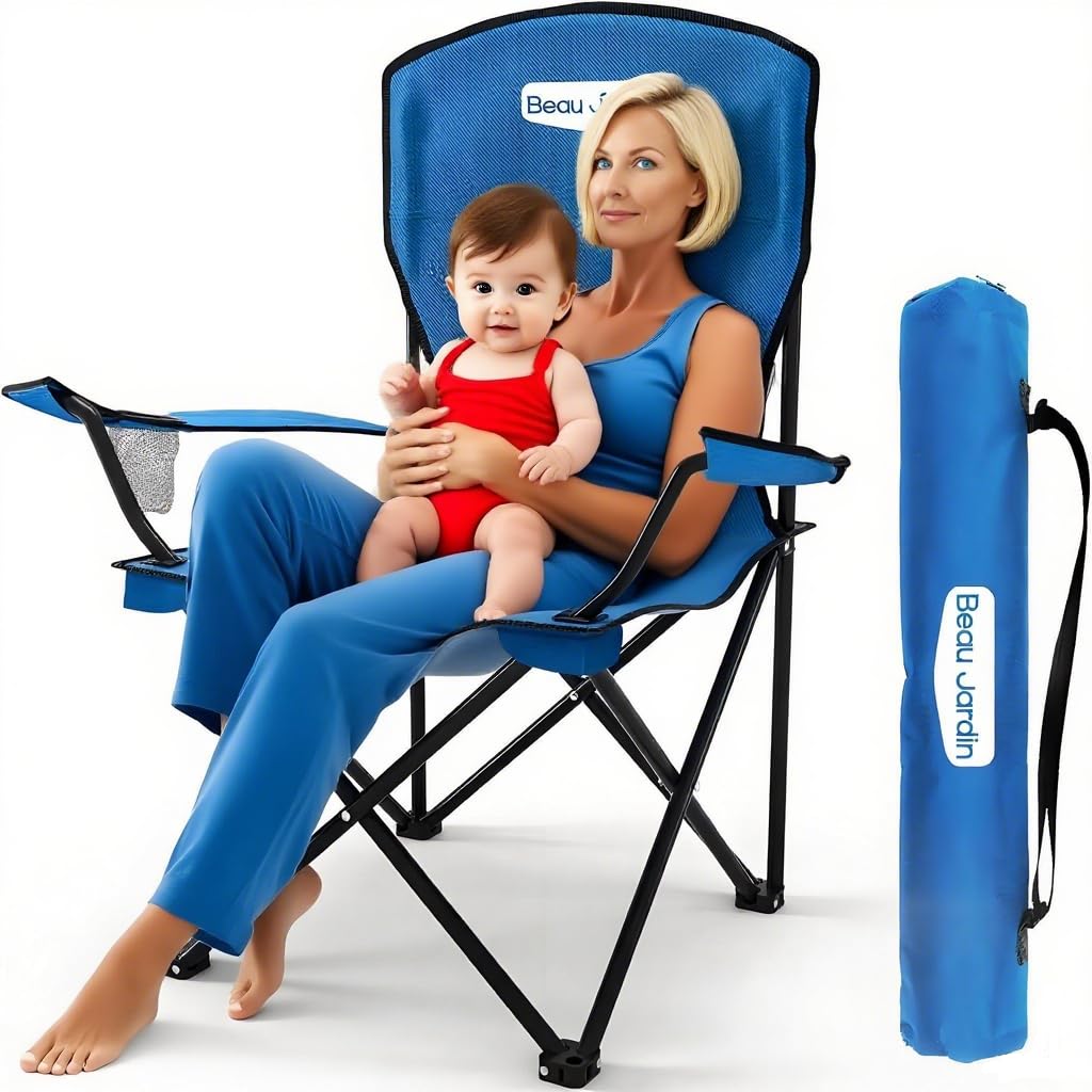 Beau Jardin Silla Plegable para Camping al Aire Libre, 150 KG, con Reposabrazos, Portavasos, Bolsillo Impermeable, Ligera y Portátil, Ideal para Playa, Acampada y Pesca, Color Azul