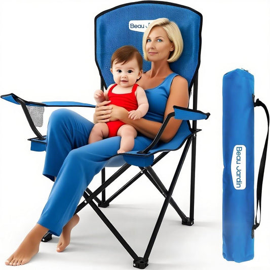 Beau Jardin Silla Plegable para Camping al Aire Libre, 150 KG, con Reposabrazos, Portavasos, Bolsillo Impermeable, Ligera y Portátil, Ideal para Playa, Acampada y Pesca, Color Azul