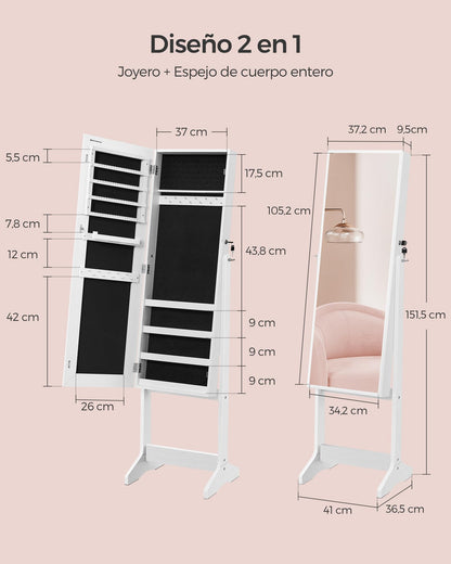 SONGMICS Espejo Joyero con Cerradura, de Longitud Completa, Montaje Sencillo, Blanco y Negro