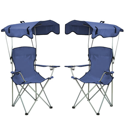 Silla Plegable al Aire Libre, Portátil y Ligera con Toldo Plegable y Portavasos, Ideal para Pesca y Picnic, 50x50x90/120cm, Azul Marino, Set de 2 Piezas
