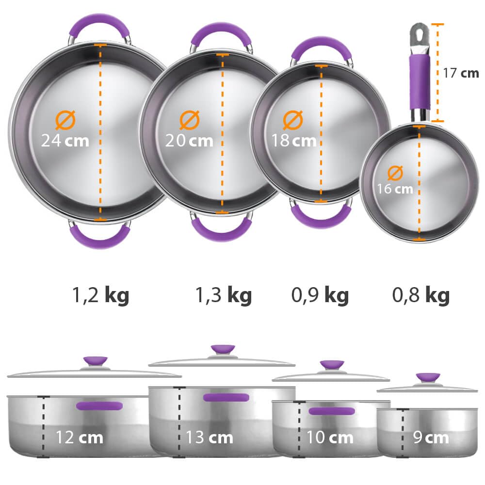 gridinlux Hannover Batería de Cocina 8 Piezas, Acero Inoxidable, Inducción, Asas Silicona Morado