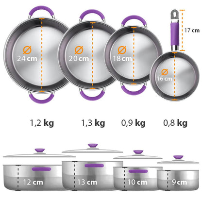 gridinlux Hannover Batería de Cocina 8 Piezas, Acero Inoxidable, Inducción, Asas Silicona Morado