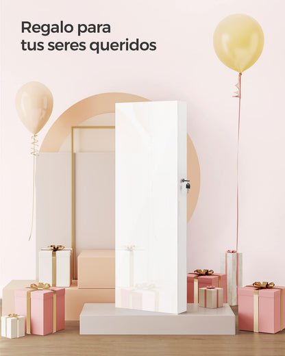 SONGMICS Espejo Joyero con Cerradura, Montado en Pared o Puerta, con Organizadores de Maquillaje, Blanco