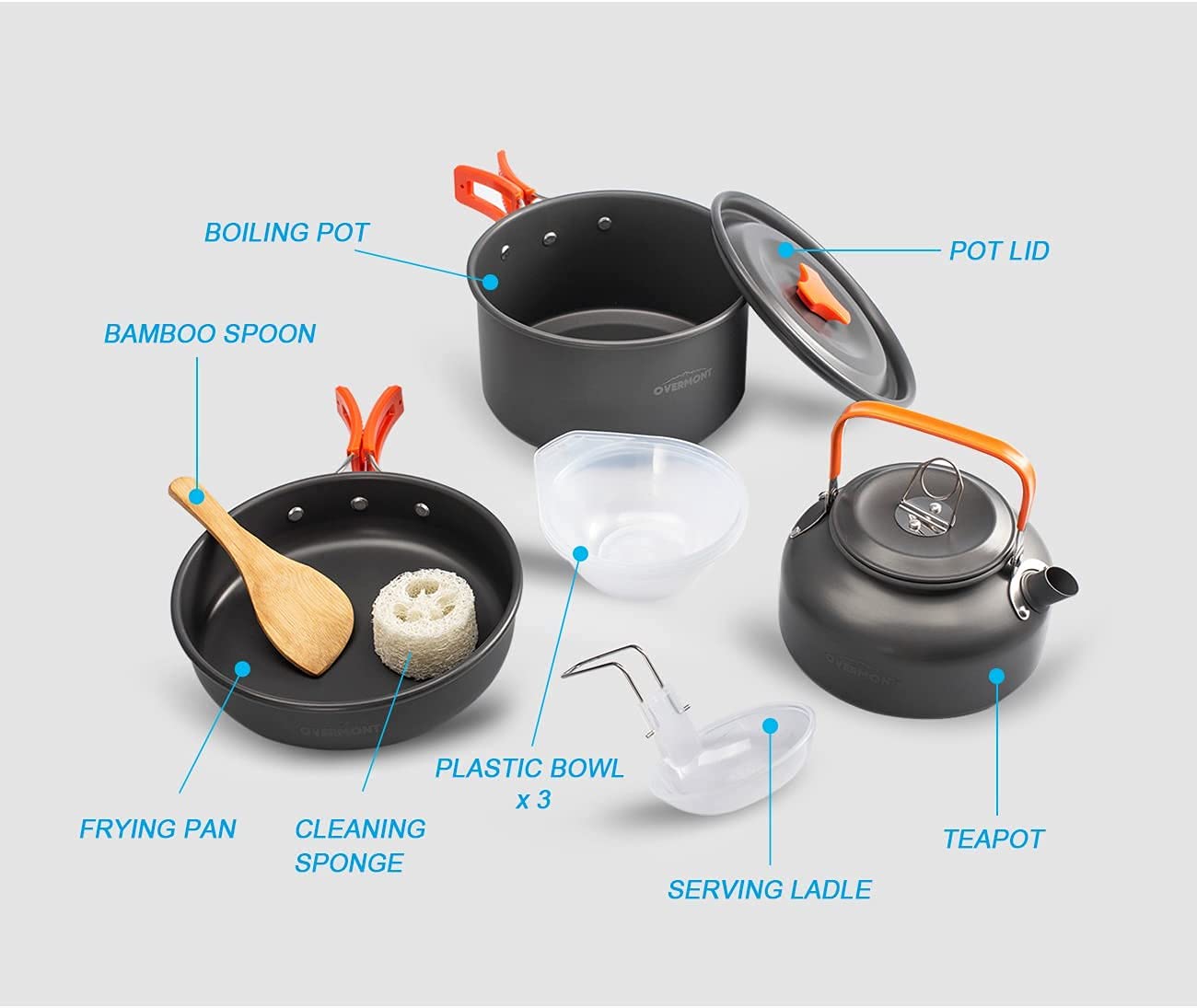 OVERMONT Kit de Cocina para Camping 14 Piezas, Aluminio, para Senderismo y Excursiones