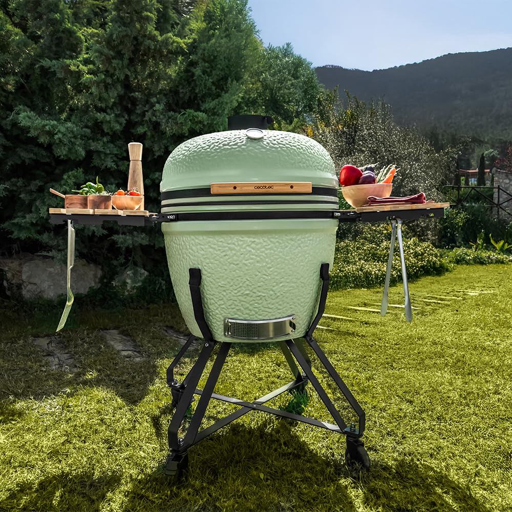 Cecotec Kamado Barbacoa de Carbón Cerámica Ø 60cm DragonFire 6000, Asa, Ahuma, Hornea y Guisa, Resistente a 1000°C, Soporte de Hierro Fundido, Cámara Hermética, Con Ruedas y Termómetro
