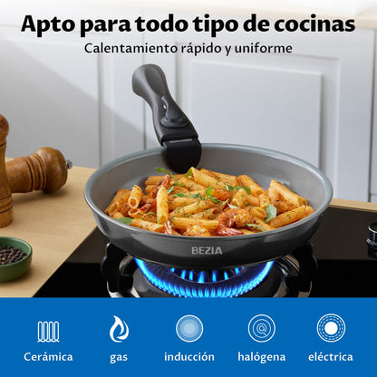 BEZIA Juego de Utensilios de Cocina de Inducción, 10 Piezas, Cerámica Antiadherente, Asas Desmontables