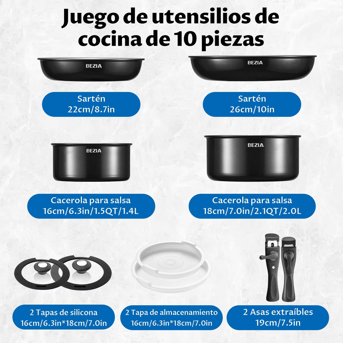 BEZIA Juego de Utensilios de Cocina de Inducción, 10 Piezas, Cerámica Antiadherente, Asas Desmontables