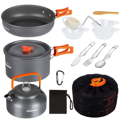 OVERMONT Kit de Cocina para Camping 14 Piezas, Aluminio, para Senderismo y Excursiones