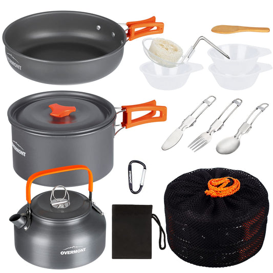 OVERMONT Kit de Cocina para Camping 14 Piezas, Aluminio, para Senderismo y Excursiones