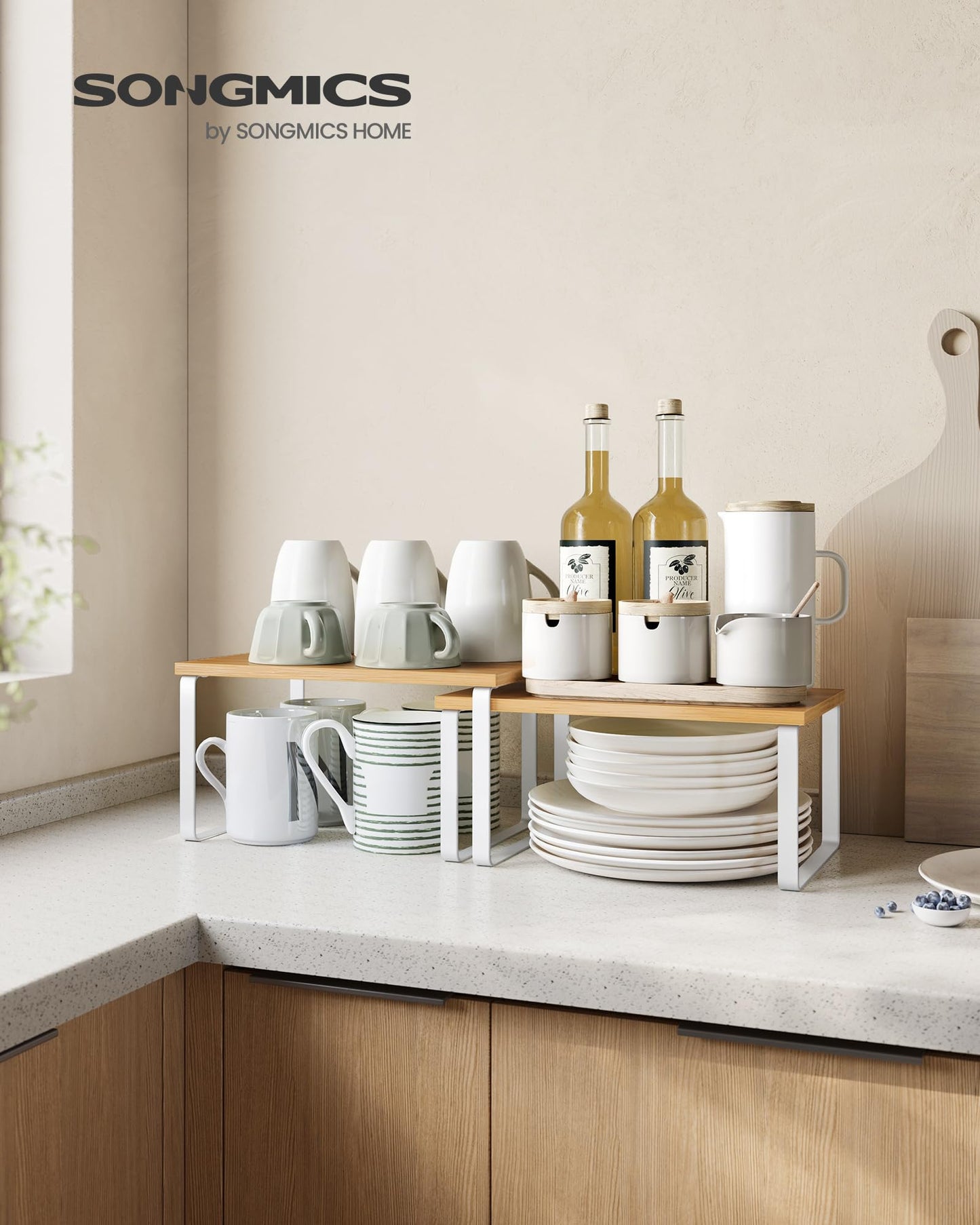 SONGMICS 2-Piece Extendable Spice Rack, Metal and Wood, White and Beige