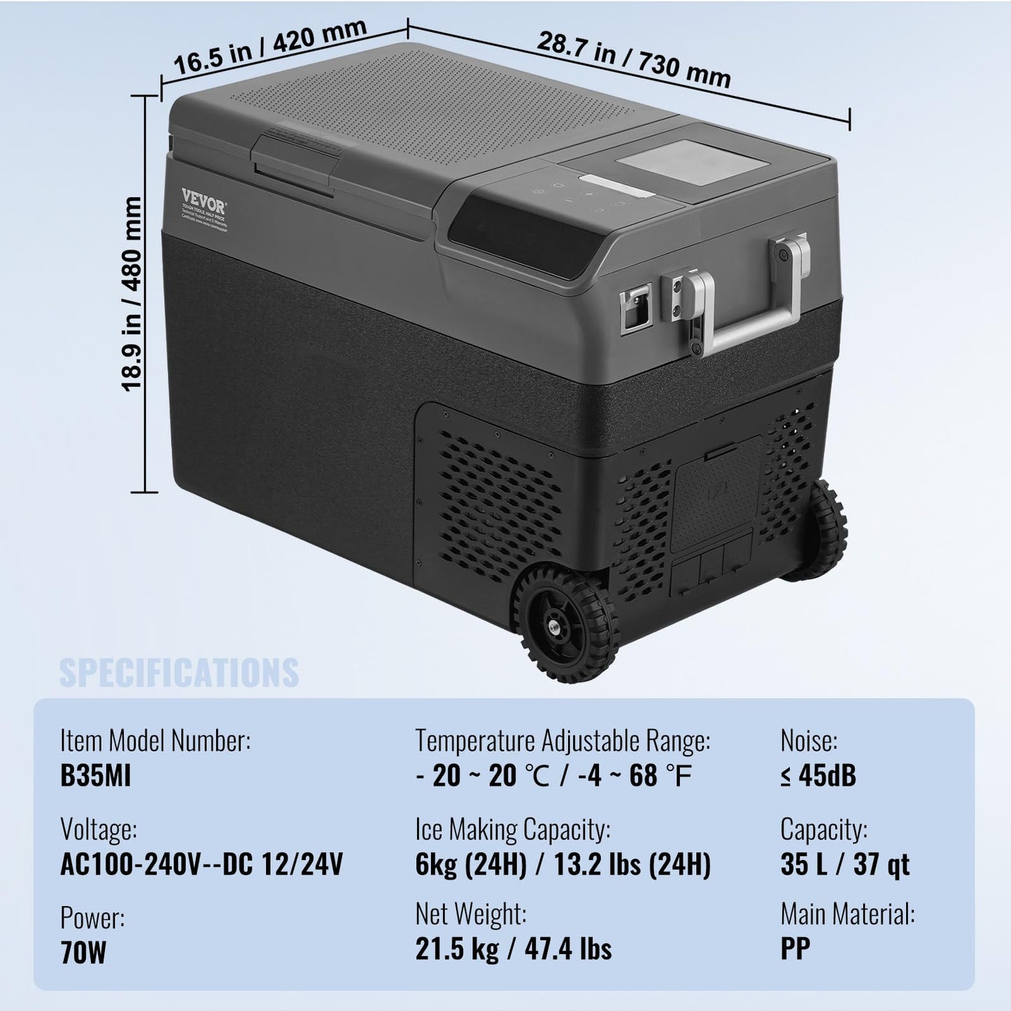VEVOR Refrigerador Portátil para Automóvil de 35L con Función de Fabricación de Hielo, Temperatura Ajustable de -20°C a 20°C, Con Ruedas, Ideal para Camping y Automóvil, 730 x 420 x 480 mm, ≤ 45 dB